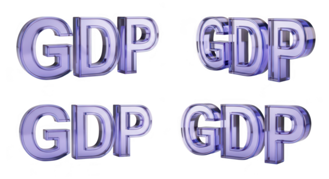 Transparent 3D GDP letters at different angles on a white background illustrating economic growth used for finance reports
