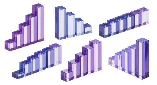 Rendered glass bar charts ascending/descending multiple angled white background representing growth statistics data visualization - Powered by Adobe