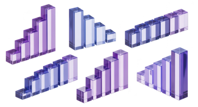 Rendered glass bar charts ascending/descending multiple angled white background representing growth statistics data visualization