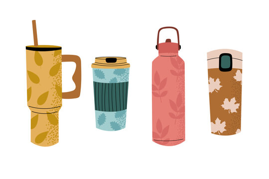 Autumn-themed thermoses and travel mugs in cozy fall colors with leaf patterns. Thermoses, reusable cups, cups for hot drinks with autumn design. Termo containers for warm beverages. 