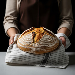 Baker in an apron holding a loaf of fresh artisan sourdough bread. Homemade rustic baking concept on a dark background.