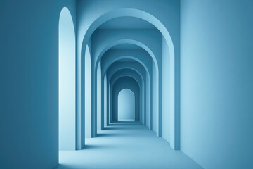 Obraz premium Soft blue corridor with arched doorways creating a tranquil atmosphere in a minimalist architectural space during daylight