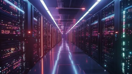 Fototapeta premium Neon data center hallway