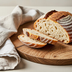 Freshly baked sourdough bread sliced on a rustic wooden board. Artisan loaf for a healthy breakfast on a light background.