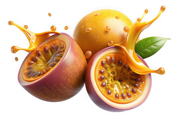 Juicy passion fruit halves with splashing juice and a whole fruit