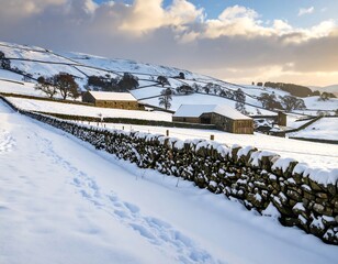 Snowy winter landscape with farm buildings