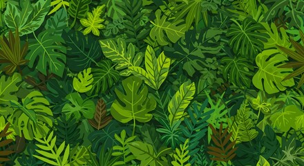 A lush background of various green tropical leaves