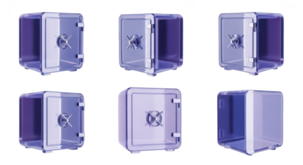 Six transparent safes showcasing different angles actions and states on white background ideal for financial security visuals