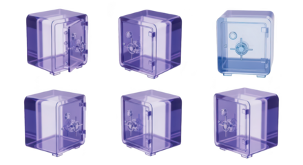 Transparent purple safes in various states isolated on white background for security or financial illustration