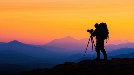 Photographer Silhouette Capturing Scenic Sunset Over Mountain Landscape