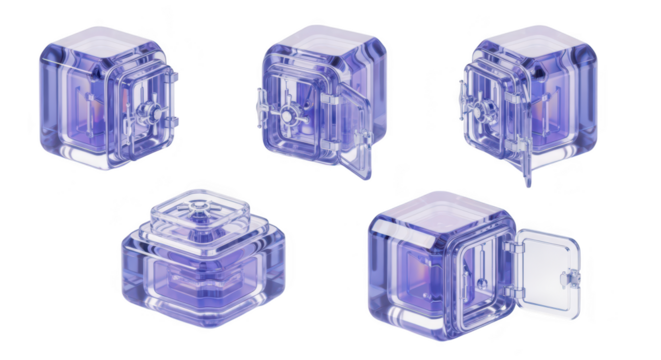 Transparent futuristic cubes open showing inner mechanisms against a clean white backdrop suitable for scientific illustration or conceptual art