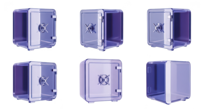 Six transparent safes showcasing different angles actions and states on white background ideal for financial security visuals