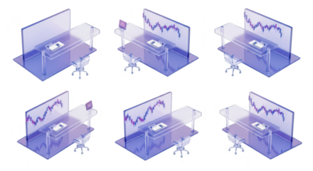 Isometric view of workstations with graphs in a modern office setting symbolizing finance or investment analysis