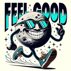 A smiling cartoon moon wearing reflective sunglasses and sneaers, running energetically with sparkles around it, fun retro design, bold text "Feel Good", white background