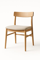 Modern Scandinavian wooden dining chair clean lines upholstered light beige seat isolated pure white background high resolution studio photograph full product minimal shadows professional lighting