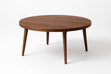 Round mid century walnut coffee table tapered legs smooth matte finish no props isolated bright white background full object photorealistic image e commerce style modern furniture

