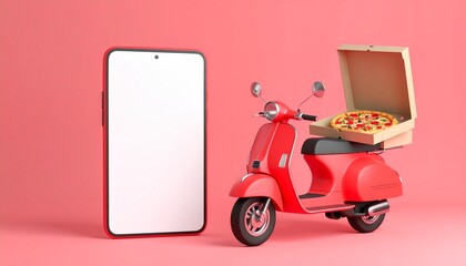 
A 3D render of a red delivery scooter with a pizza box, a red smartphone, and matching pink and red gift boxes on a pink background. Ideal for food delivery and e-commerce advertising