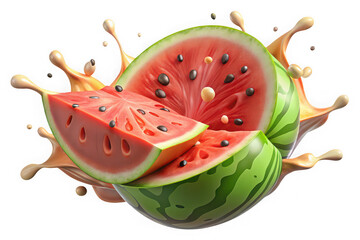 3d illustration of juicy watermelon slices splashing in liquid isolated on transparent background