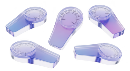 Five transparent weight-measuring devices in different orientations isolated on a clean white background; ideal for healthcare or fitness visuals