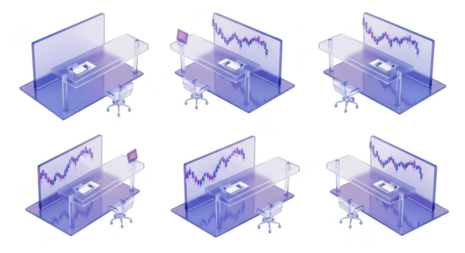 Isometric view of workstations with graphs in a modern office setting symbolizing finance or investment analysis - Powered by Adobe