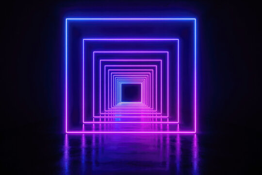 Colorful neon light tunnel creates a captivating pathway in a dark environment at night - Powered by Adobe