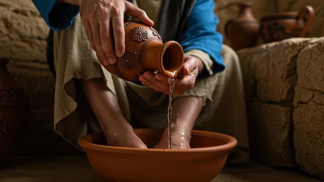 A man pouring water from a clay jug into a bowl for washing feet, representing biblical tradition and servitude footage.