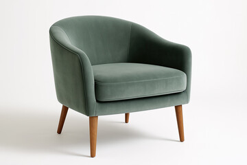 Cozy upholstered accent armchair muted sage green velvet rounded backrest wooden legs clean elegant design isolated bright white background professional studio photograph natural soft shadow

