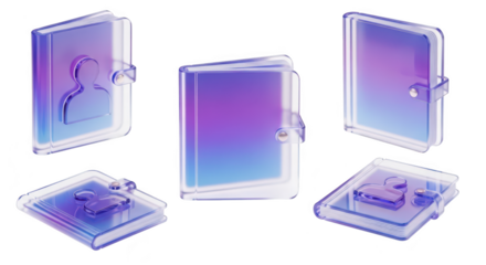 3D-rendered transparent contact book set isolated on white showcasing various angles for design or illustration