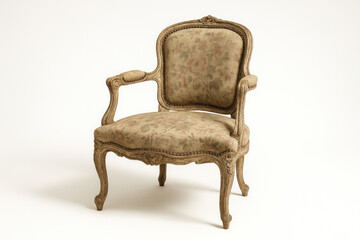 Vintage French style carved wooden armchair ornate legs faded floral upholstery distressed finish isolated clean white background studio photograph full item subtle studio shadow elegant