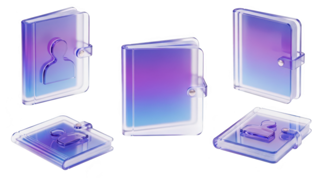3D-rendered transparent contact book set isolated on white showcasing various angles for design or illustration