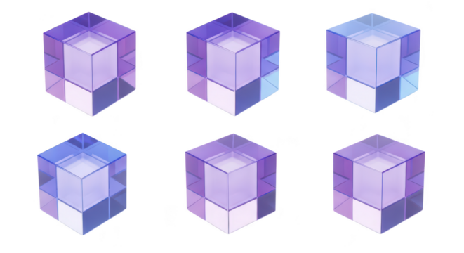 Six 3D transparent cubes in various purple hues arranged on a white background showcasing a design pattern ideal for graphics or abstract concepts