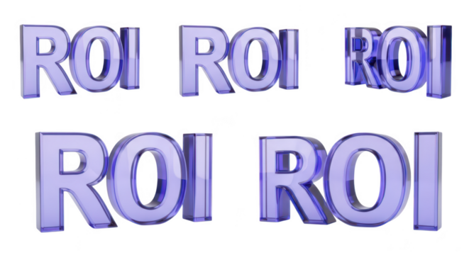 3D rendered transparent ROI text on a white background different angles financial concept for business presentations and marketing