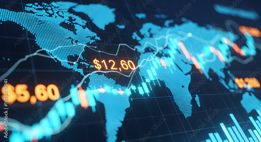 Poster financial graph over world map displaying monetary data in orange and white on dark blue background 