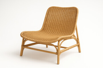 Bohemian rattan lounge chair wide seat curved backrest light honey color handwoven texture isolated clean white background studio product image professionally lit modern boho furniture