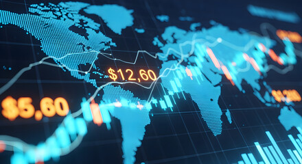 Financial Graph Over World Map Displaying Monetary Data in Orange And White on Dark Blue Background For Financial