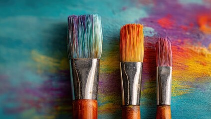Fototapeta premium Three paintbrushes with vibrant, multicolored paint on their bristles rest atop a similarly colorful, textured canvas