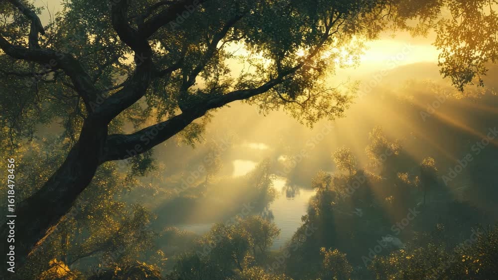 Poster sunlight filtering through lush trees creating warm forest ambiance