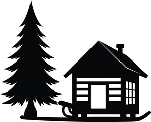 Rustic log cabin with pine tree and sled silhouette isolated on white background