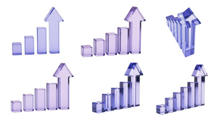 Fototapeta premium Transparent purple glass charts pointing upwards against a white background illustrating growth and progress suitable for business visuals