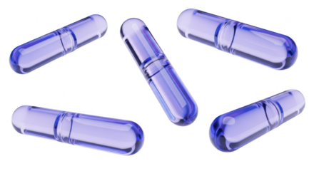 Transparent purple capsules scattered in studio isolated on white background suggesting health supplements or medication
