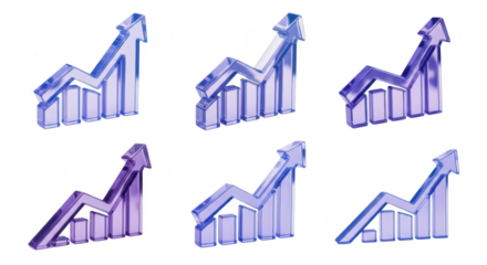 Six 3D translucent graphs on white background showing upward trending progress commonly used for business and financial reports