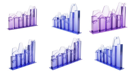 Set of 3D translucent charts indicating market trends visualized against a white background often used in business presentations