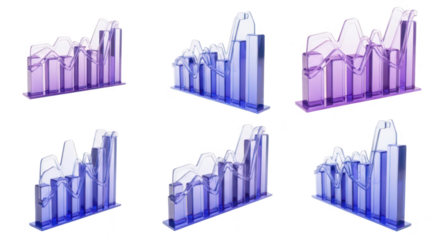 Set of 3D translucent charts indicating market trends visualized against a white background often used in business presentations