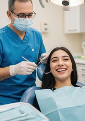 doctor wearing blue scrubs and gloves examining smiling hispanic woman patient in clinic. dental care and health check. medical setting, healthcare professional, dentist office.