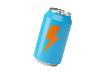 Bright blue energy drink can with orange lightning bolt logo isolated on transparent background