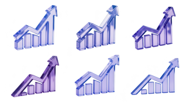 Six 3D translucent graphs on white background showing upward trending progress commonly used for business and financial reports