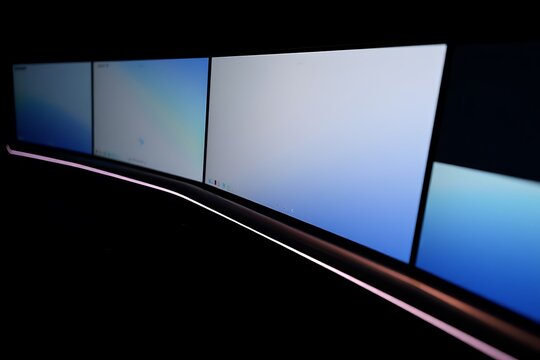 Multiple Curved Computer Monitors Modern Technology Clean Design