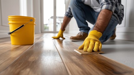Person Installing Hardwood Floor in Bright Modern Room with Yellow Bucket