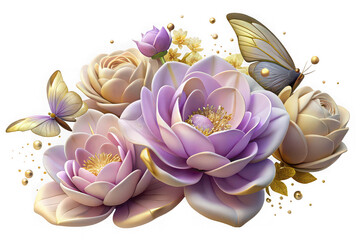 Elegant lilac and cream roses with butterflies on black background