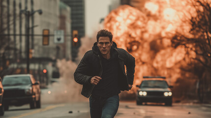 Action hero sprinting down city street as fiery explosion erupts behind with speeding cars in dramatic urban chase